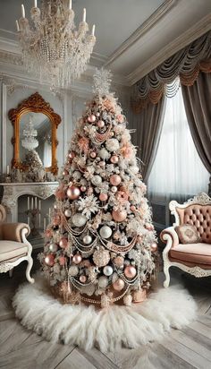 a white christmas tree with pink and silver ornaments in an ornate living room, surrounded by chandeliers