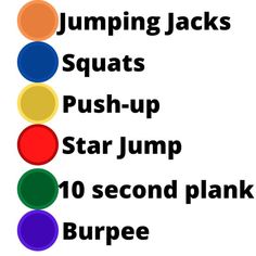 a traffic light with the words jumping jacks squats push - up star jump 10 second plank burpe