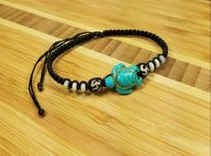 Turtle Bracelet - Black Bracelet With Turtle in Turquoise Color  - Hawaiian Bracelet - Handmade Design Adjustable Turquoise Wristband Gift, Adjustable Bangle Wristband For Beach, Turquoise Bracelets With Sliding Knot For Vacation, Turquoise Sliding Knot Bracelet For Vacation, Spiritual Adjustable Cord Bracelets For Beach, Turtle Necklaces, Hawaiian Bracelets, Tropical Jewelry, Beach Bracelet