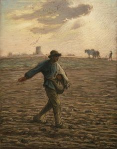 a painting of a man walking across a field