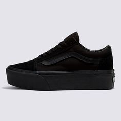 Bringing New Heights to Our Iconic Sidestripe ShoeNothing screams attitude like a killer pair of black platform shoes. The Vans Old Skool Stackform is the height of cool on the platform front, with double the sidewall height for maximum coverage. The suede and canvas uppers ensure durability, while the lace-up closure and supportive padded collars add layers of comfort on the practical side. These black platform shoes are all about the look, a cool-as-cool aesthetic that remains undefeated after Black Low-top Skate Shoes With Thick Bottom, Black Low-top Thick Bottom Skate Shoes, Black Lace-up Skate Shoes With Thick Bottom, Black Platform Sneakers For Streetwear With Thick Sole, Casual Black Skate Shoes With Thick Bottom, Urban Style Black Thick-bottom Sneakers, Black Synthetic Platform Sneakers With Thick Bottom, Black Synthetic Platform Sneakers With Thick Soles, Black Platform Sneakers With Round Toe