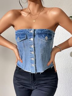 Length:Short LengthBelt:NoDetails:ButtonPatterned:Solid colorSuitable types:Slim FitSheer:NoFabric:Non-StretchPlacket Type:PlacketSeasons:Spring/summerCare Instructions:Machine wash, do not dry cleanStyle:CasualMaterial:DenimPrinting Type:No PrintingComposition:65% Cotton,35% PolyesterWeaving Method:WovenItem ID:PN42979 There maybe 1-2 cm deviation in different sizes, locations and stretch of fabrics. Size chart is for reference only, there may be a little difference with what you get. There are 3 kinds of elasticity: High Elasticity (two-sided stretched), Medium Elasticity (one-sided stretched) and Nonelastic (can not stretched ). Color may be lighter or darker due to the different PC display. Wash it by hand in 30-degree water, hang to dry in shade, prohibit bleaching. There maybe a slig Denim Tube Top, Streetwear Denim, Denim Clothing, Denim Details, Denim Outfit, Denim Top, Tube Top, Denim Women, Button Up