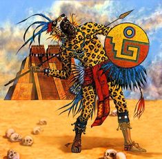 a painting of a man in an animal print outfit holding a shield with skulls on the ground