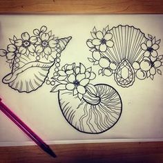 a drawing of flowers and seashells in a vase on a sheet of paper