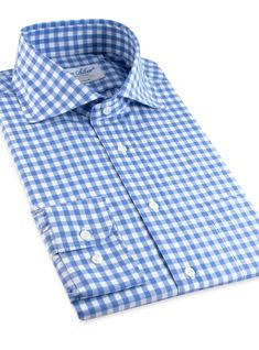 Light Blue Gingham Cutaway Classic Gingham Cotton Dress Shirt, Formal Gingham Button-up Shirt, Classic Gingham Dress Shirt For Work, Gingham Button-up Shirt For Business, Formal Gingham Cotton Dress Shirt, Classic Gingham Dress Shirt For Business, Formal Gingham Shirt For Spring, Light Blue Gingham, Check Shirts