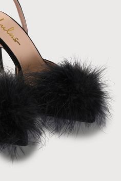 Your weekend wardrobe just got a little more fun thanks to the Lulus Brodyy Black Feather Pointed-Toe Ankle Strap Pumps! These charming heels have a soft faux suede composition that shapes a single sole silhouette and a pointed-toe upper, adorned with fluffy black feathers. Two straps sprout from the sides to wrap and secure around the ankle with a gold buckle. A cute stiletto heel completes the fabulous look! 3. 5" wrapped stiletto heel. Cushioned insole. Rubber sole has nonskid markings. All M Strap Pumps, Lulu Fashion, Ankle Strap Pumps, Weekend Wardrobe, Black Feathers, Faux Suede, Ankle Strap, Stiletto Heels, Pumps