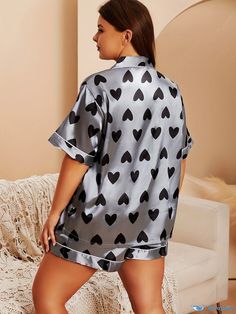 Orcajump - Plus Size Casual Pajama Set, Women's Plus Satin Heart Print Short Sleeve Shirt & Shorts 2pcs Set Casual Heart Print Pajama Party Sets, Casual Heart Print Tops For Pajama Party, Casual Heart Print Sets For Pajama Party, Casual Short Sleeve Sleepwear With Heart Print, Comfortable Pajamas, Cozy Pajamas, Style Preppy, Women Nightwear, Pajama Set Women