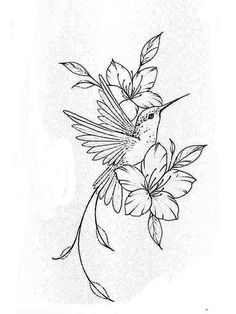 a black and white drawing of a hummingbird on a flower