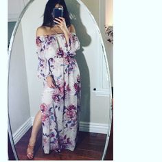 Floral Maxi With One Side Split . No Flaws. Elastic Off The Shoulder And It Comes With Adjustable Straps. Elastic Waist , Has Lining As Shown In Pic. True To Size Loose Fit . 100% Polyester . Model Is 5’3” Offers Welcome Bundle And Save Measurements Laying Flat: Waist 13” With Stretch 19” Length 53” Casual Off-shoulder White Maxi Dress, Casual White Off-shoulder Maxi Dress, White Off-shoulder Maxi Dress With Floral Print, White Off-shoulder Floral Print Maxi Dress, Side Split, Floral Maxi, Off The Shoulder, Off Shoulder, Elastic Waist