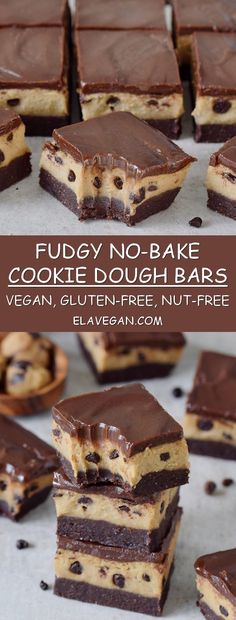 chocolate fudge no - bake cookie dough bars stacked on top of each other