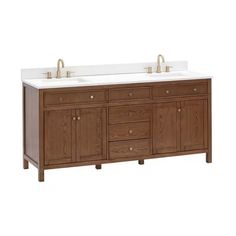 a double sink vanity with two faucets on the top and one under it