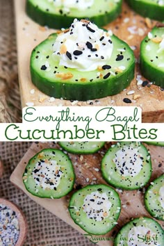 cucumber bites with whipped cream and sprinkles are on a cutting board