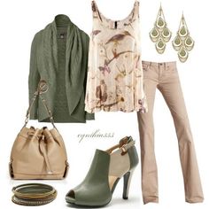 Light khaki jeans, tan and off white loose fitting tank top with bird pattern, hunter green cable knit short open sweater, hunter and light green strappy heels, tan purse with skinny green and gold bangle bracelets, and dangly gold and green jewel earrings. Professional Chic, Beige Pants, Stylish Work Outfits, Workwear Fashion, Moda Vintage, Professional Outfits