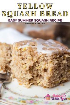 a close up of a slice of yellow squash bread on a plate with a fork