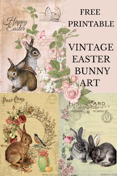 three bunny images with the words free printable vintage easter bunny art