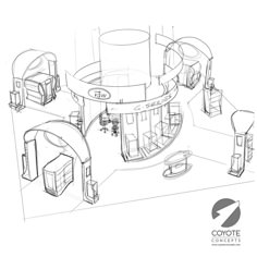 an architectural drawing of a room with chairs and tables in the center, surrounded by other furniture