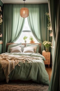 a bed sitting under a window in a bedroom next to a green curtained wall