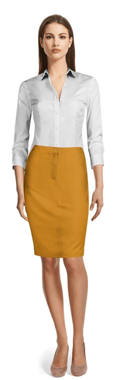 This flattering, double-breasted semi-fitted skirt suit is made of exquisite gold fabric in . Finished with with flap pockets, 2 Buttons buttoned sleeve slits and colour-coordinated lining. Crafted in a beautiful woven fabric, made out of terylene, rayon and spandex, what gives very good properties that make this blazer really comfortable, wrinkle free and easy to wear. An ideal suit for every day. The fully lined high waisted skirt with no side pockets and front zipper creates a classic skirt suit for all occasions.  At sumissura every single suit is made to measure, so you can customize this design or you can create your own here: Skirt Suits Skirt Suits, Classic Skirts, Stretch Skirt, Gold Fabric, Fitted Skirt, Skirt Suit, Wrinkle Free, Front Zipper, Double Breasted