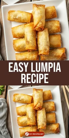 the recipe for easy lumpa is shown on a plate with chopsticks next to it