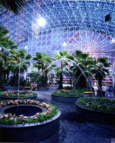 the inside of a building with many plants and trees in it's center area