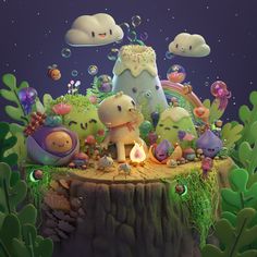 an animated scene with many different animals and plants in the background, including a cake