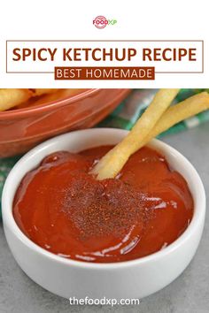 the best homemade spicy ketchup recipe in a white bowl with fries on the side