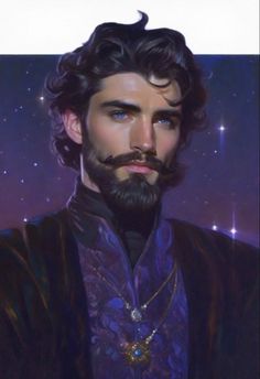 a painting of a man with long hair and beard wearing a purple suit, standing in front of stars