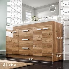 a bathroom vanity with drawers and mirrors on the wall next to it is shown in measurements