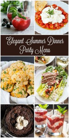 the elegant summer dinner party menu is ready to be eaten and served with fresh fruit, salad