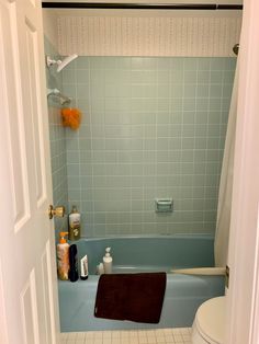 a bath room with a toilet and a bath tub