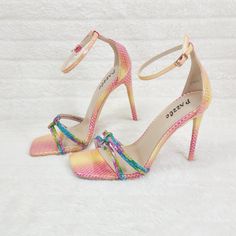 Colorful Upper Rhinestone Double Toe Strap With Knot Detail Open Toe Squared Design Stiletto Heel New In Box Runs True To Size Trendy Rainbow Heels For Spring, Rainbow Round Toe Sandals For Party, Rainbow Sandals With Round Toe For Party, Multicolor High Heel Sandals With Rhinestones, Multicolor Rhinestone High Heel Sandals, Rainbow Open Toe Heels For Party, Rainbow Heels With Round Toe For Summer, Colorful Pointed Toe Heels For Summer, Rainbow Heels For Spring Party