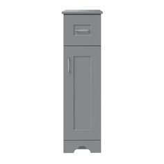 a tall gray cabinet with a door and drawer on the bottom shelf, in front of a white background