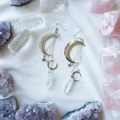 Rough Quartz Earrings, Crescent Stone Earring Crystal Jewelry, Astronomy Planet Earrings Moon Earrings, Silver Celestial Nature Moon Jewelry - Froppin Moon Earrings Silver, Rough Quartz, Planet Earrings, Earrings Moon, Crescent Earrings, Unusual Jewelry, Moon Jewelry, Silver Moon, Crystal Drop Earrings