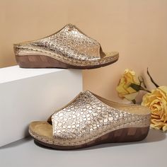 variants15 Gold Slippers For Summer, Comfortable Gold Open Toe Sandals, Gold Platform Slippers With Round Toe For Spring, Gold Platform Slippers For Spring, Comfortable Gold Sandals For Summer, Spring Platform Slippers With Synthetic Material, Comfortable Gold Synthetic Sandals, Casual Gold Slip-on Wedge Sandals, Gold Slip-on Synthetic Sandals