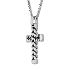 Crafted of stainless steel, this distinctive men's cross necklace features a curb chain design. The 24-inch box chain fastens with a lobster clasp. Silver Cross Chain For Men, Stainless Steel Cross Pendant Chain Necklace, Silver Curb Chain Necklace With Cross Pendant, Stainless Steel Cross Necklace With Curb Chain, Silver Cross Curb Chain Necklace, Silver Cross Necklace With Curb Chain, Silver Cross Chain Necklace With Curb Chain, Silver Cross Chain, Chain Cross Necklace