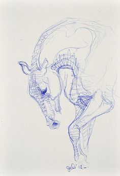 a drawing of a giraffe is shown in blue ink