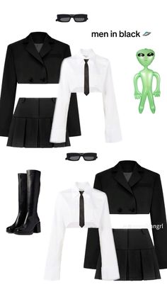 three different types of black and white clothes with an alien figure in the middle one