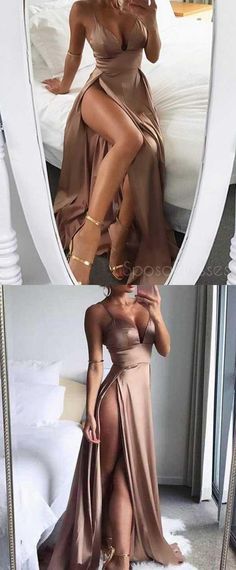 Prom Dresses Silk, V Neck Gown, Silk Prom Dress, Champagne Prom Dress, Cheap Prom Dresses Long, Dresses Silk, Modest Prom, Senior Prom Dresses, Prom Dresses 2018