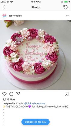 a birthday cake with flowers on it and the words happy birthday written in pink frosting