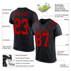 Custom Black Red Mesh Authentic Football Jersey Customizable Black T-shirt For Fan Gear, Customizable Black Collegiate T-shirt, Black Sporty T-shirt With Custom Logo, Sporty Black T-shirt With Custom Logo, Black Jersey For Football Season Fan Gear, Fitted T-shirt For Football Season, Custom Logo Black T-shirt, Black T-shirt With Custom Logo, Black Customizable T-shirt For Team Spirit