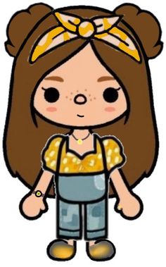 a drawing of a girl with brown hair and an orange bow on her head, wearing overalls