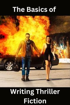 a man and woman are walking in front of a car with flames on the background