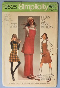 "Simplicity 9525.  Vintage 1971 mini jumper and flared pants pattern.    Sizes 9/10.  Waist 24\", Hip 33.5\". Pattern is cut and complete.  In very good condition. As described, \"Simple-To-Sew Young Junior/ Teens' and Misses' Mini Jumper and Pants: (Including a Tissue Lesson Chart ... \"How-to Finish Seams\"). The mini-jumper with back zipper has suspenders fastened to front with hook-up closures. The pants have elastic waistline casing.\" Fun 70s vintage fashion." 70s Overalls, Flare Pants Pattern, 70s Sewing Patterns, Jumper Pants, 60s 70s Fashion, Pants Sewing, 60s And 70s Fashion, 1970s Style, Jumper Patterns