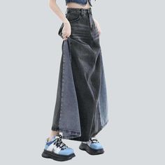 Introducing our edgy-mode Patched Color Block Elongated Denim Skirt from the 2023 Autumn Collection ââ‚?an iconic statement piece for your wardrobe!Why This Skirt is A Must-HaveThis denim skirt is the perfect combination of classic. steady mode and modern trendy. Its unique. patched color-block design adds a hint of edge and finesse that will take your look to the next level. Plus. it's elongated length and tall-rise fit will flatter your silhouette. while the zipper and button closure ensures a Trendy High-rise Maxi Skirt For Spring, Trendy Denim Maxi Skirt With Flare, Trendy High Waist Blue Maxi Skirt, Dark Wash Denim Maxi Skirt, Trendy Denim Wide-leg Maxi Skirt, Edgy Dark Wash Skirt With Pockets, High Rise Dark Wash Maxi Skirt With Pockets, Edgy High Waist Dark Wash Skirt, Edgy Denim Skirt For Streetwear