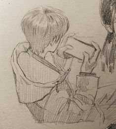 a pencil drawing of two people sitting next to each other, one holding a book