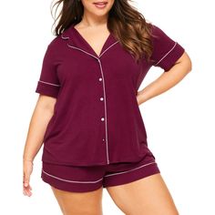 This sleepwear set is made of knit fabric. Featuring a button-down top and elastic waist shorts. Notch Collar Shirt, Satin Short, Short Pj Set, Pajama Pant, Adore Me, Matching Pajamas, Sleepwear Sets, Elastic Waist Shorts, Short Pajama Set