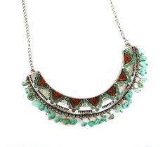 "Add funky, Southwestern Boho style to your outfits with this necklace featuring embossed and hand-painted designs and a curtain of dangling turquoise nuggets! the painted accents in deep brown, turquoise and red add an artful appeal to this unique accessory and the beads add whimsical movement below! And the sturdy chain is adjustable, featuring a 3\" extender in case you want to wear it a bit longer...Add this one to your jewelry box! Silver-plated Bib, 4 1/2\" long, 3/4\" wide, Silver-plated Green Southwestern Beaded Necklaces For Festival, Southwestern Green Beaded Necklaces For Festivals, Southwestern Green Beaded Necklace For Festivals, Bohemian Turquoise Necklace With Dangling Beads For Festival, Peace Sign Necklace, Southwestern Boho, Romantic Shabby Chic, Painted Designs, Bib Necklaces