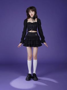 ❤︎Lace-up voluminous sleeve short top + tiered skirt❤︎ Gothic Mini Skirt With Ruffles For Spring, Spring Gothic Mini Skirt With Ruffles, Pearl Bag, Black Suits, Quilted Bag, Cute Bags, Tiered Skirt, Skirt Length, Short Tops