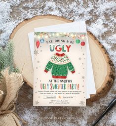 the ugly sweater party is on display in front of a tree stump with christmas decorations