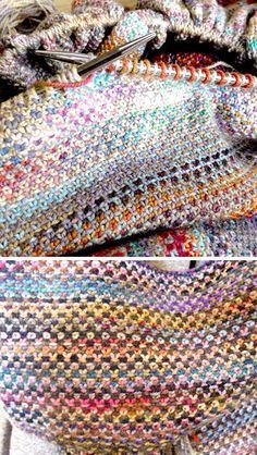 two pictures showing the different colors of knitted blankets and crochet yarns